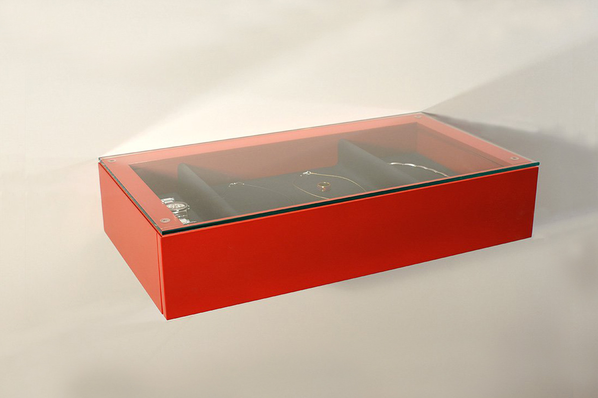 Schublade rot mit Glasplatte für Schmuck